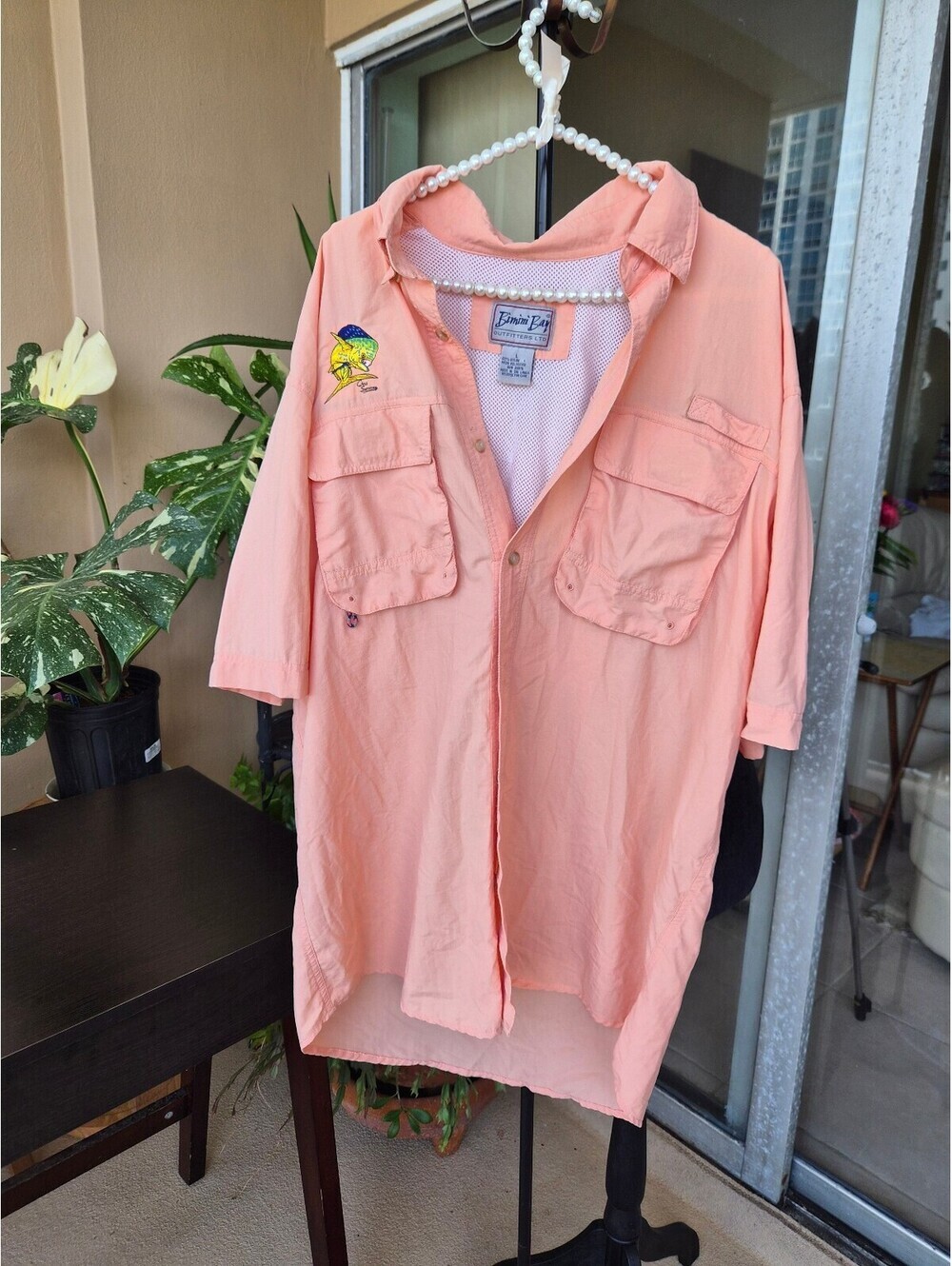 Bimini Bay Men’s L Coral Fishing Shirt Embroidered Mahi Mahi Mesh Back